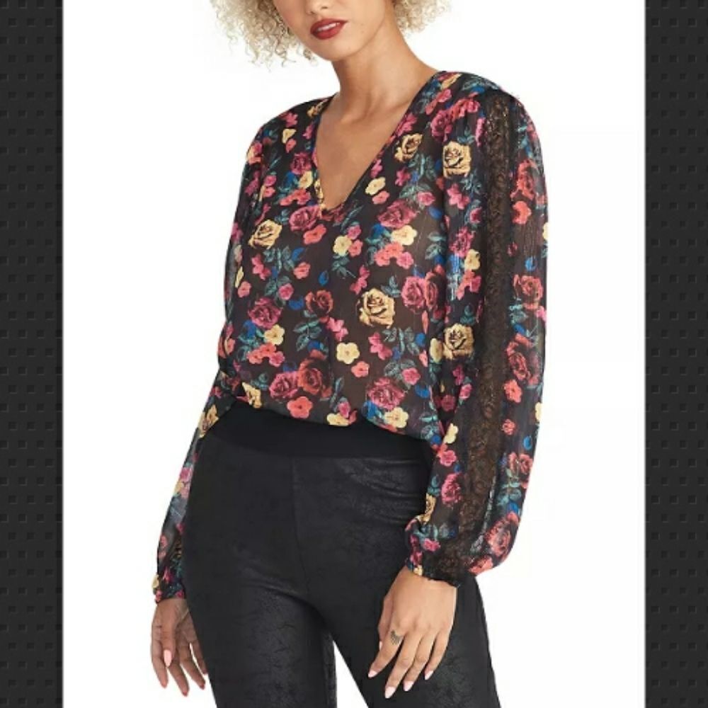 Rachel Roy Eve Floral Lace-Trim Top Size Small